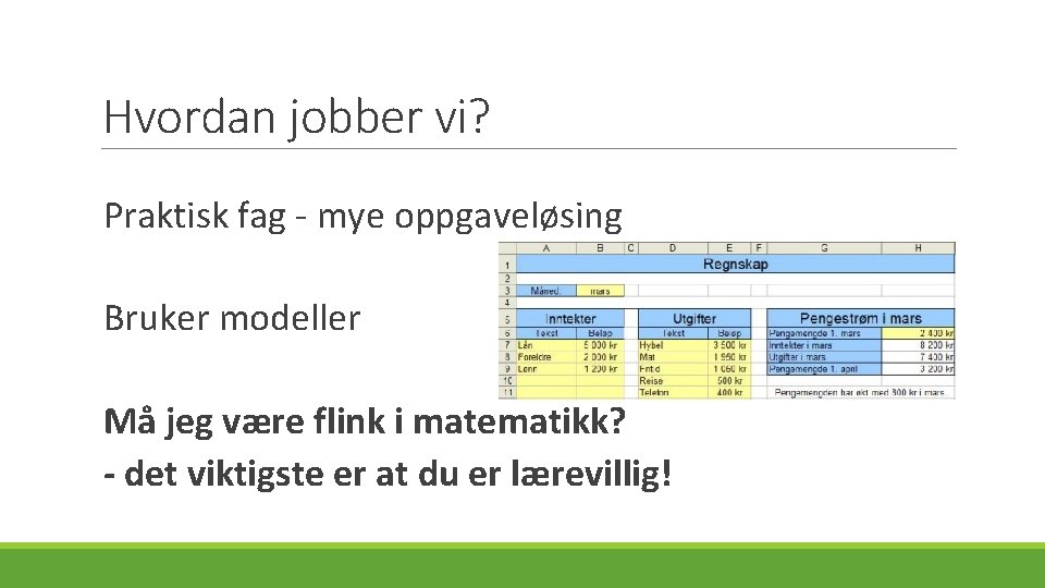 Hvordan jobber vi? Praktisk fag - mye oppgaveløsing Bruker modeller Må jeg være flink