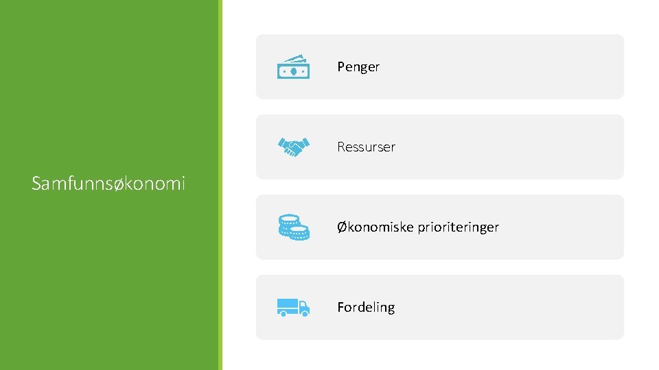 Penger Ressurser Samfunnsøkonomi Økonomiske prioriteringer Fordeling 