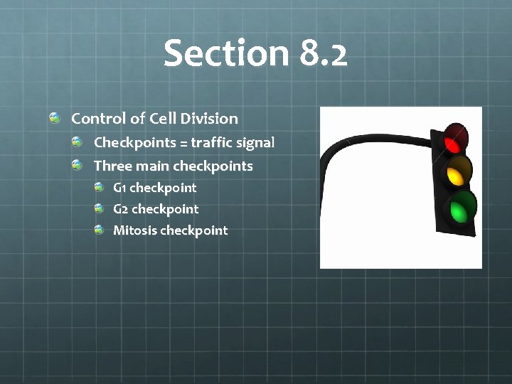 Section 8. 2 Control of Cell Division Checkpoints = traffic signal Three main checkpoints
