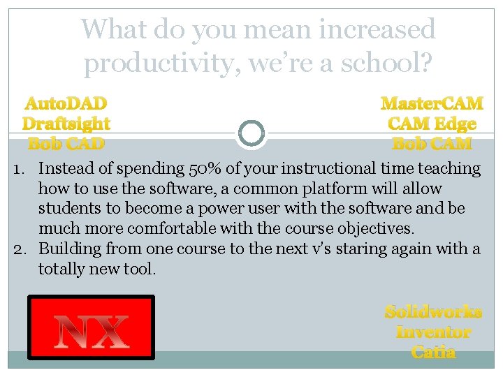 What do you mean increased productivity, we’re a school? Master. CAM Auto. DAD CAM