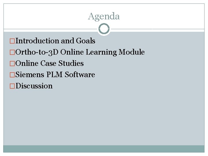 Agenda �Introduction and Goals �Ortho-to-3 D Online Learning Module �Online Case Studies �Siemens PLM