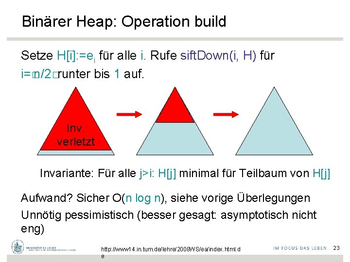 Binärer Heap: Operation build Setze H[i]: =ei für alle i. Rufe sift. Down(i, H)