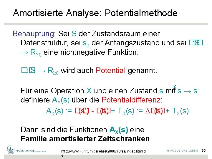 Amortisierte Analyse: Potentialmethode Behauptung: Sei S der Zustandsraum einer Datenstruktur, sei s 0 der