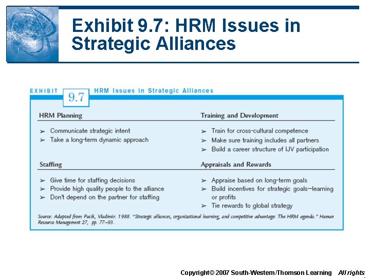 Exhibit 9. 7: HRM Issues in Strategic Alliances Copyright© 2007 South-Western/Thomson Learning All rights