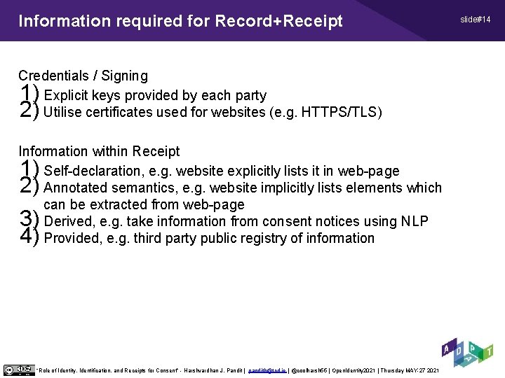 Information required for Record+Receipt Credentials / Signing Explicit keys provided by each party Utilise Information required for Record+Receipt Credentials / Signing Explicit keys provided by each party Utilise