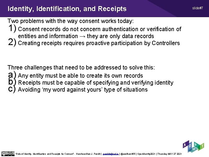 Identity, Identification, and Receipts Two problems with the way consent works today: Consent records Identity, Identification, and Receipts Two problems with the way consent works today: Consent records