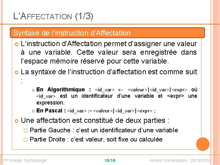L’AFFECTATION (1/3) Syntaxe de l’instruction d’Affectation L’instruction d’Affectation permet d’assigner une valeur à une