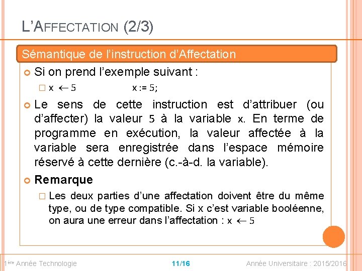 L’AFFECTATION (2/3) Sémantique de l’instruction d’Affectation Si on prend l’exemple suivant : �x 5