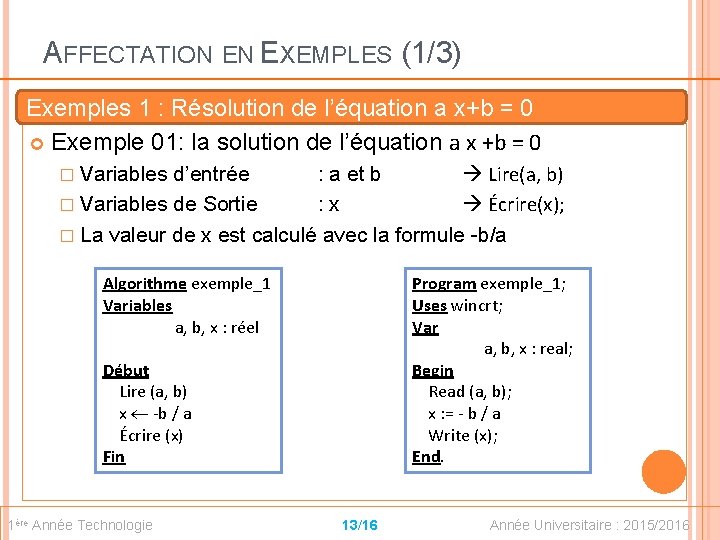 AFFECTATION EN EXEMPLES (1/3) Exemples 1 : Résolution de l’équation a x+b = 0
