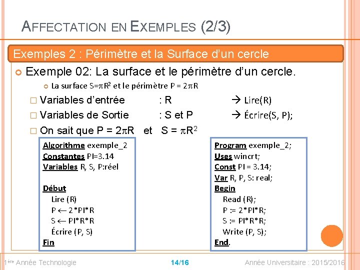 AFFECTATION EN EXEMPLES (2/3) Exemples 2 : Périmètre et la Surface d’un cercle Exemple