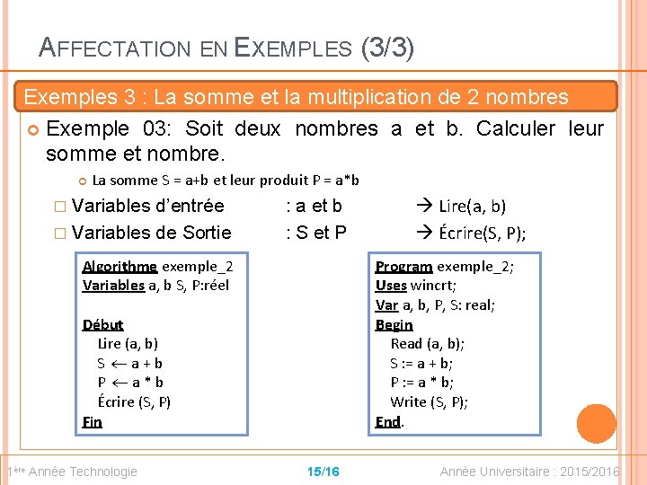 AFFECTATION EN EXEMPLES (3/3) Exemples 3 : La somme et la multiplication de 2