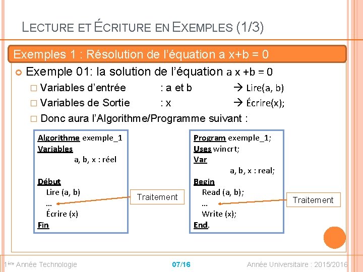 LECTURE ET ÉCRITURE EN EXEMPLES (1/3) Exemples 1 : Résolution de l’équation a x+b