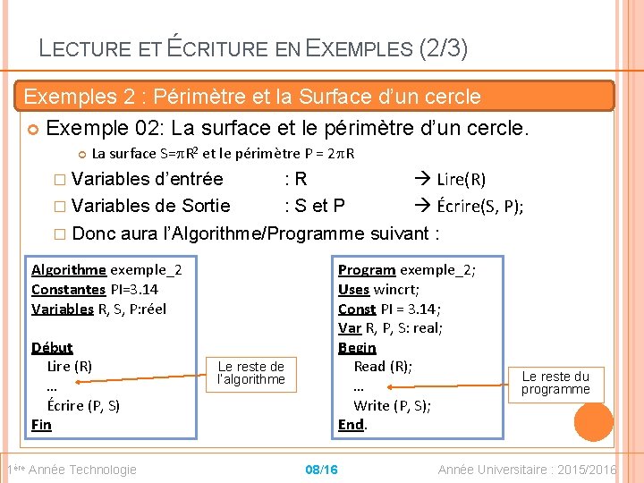 LECTURE ET ÉCRITURE EN EXEMPLES (2/3) Exemples 2 : Périmètre et la Surface d’un