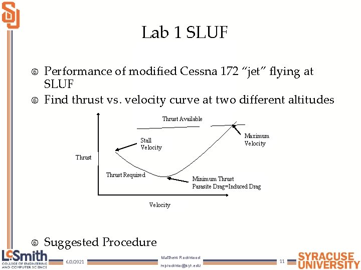 Lab 1 SLUF Performance of modified Cessna 172 “jet” flying at SLUF Find thrust