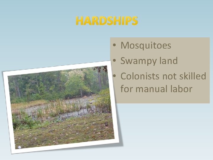 HARDSHIPS • Mosquitoes • Swampy land • Colonists not skilled for manual labor 