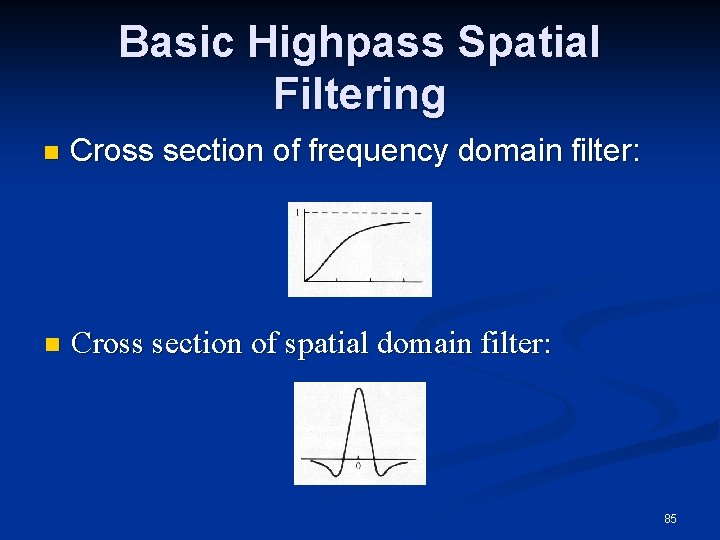 Basic Highpass Spatial Filtering n Cross section of frequency domain filter: n Cross section
