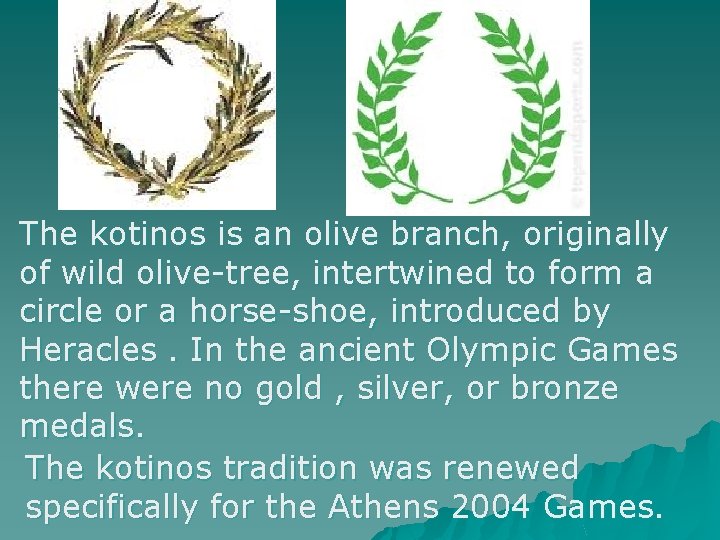 The kotinos is an olive branch, originally of wild olive-tree, intertwined to form a