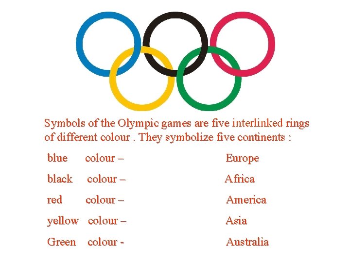 Symbols of the Olympic games are five interlinked rings of different colour. They symbolize