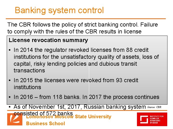 Banking system control The CBR follows the policy of strict banking control. Failure to