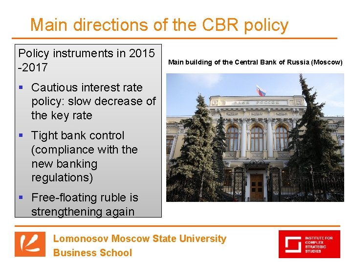 Main directions of the CBR policy Policy instruments in 2015 -2017 Main building of