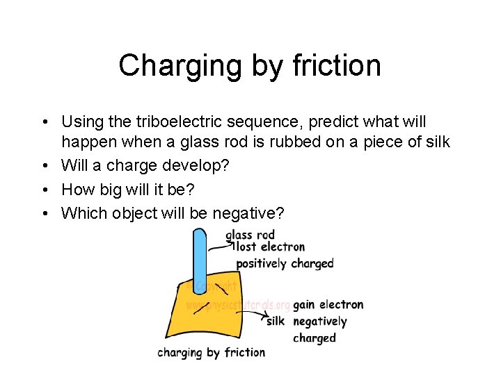 Charging by friction • Using the triboelectric sequence, predict what will happen when a