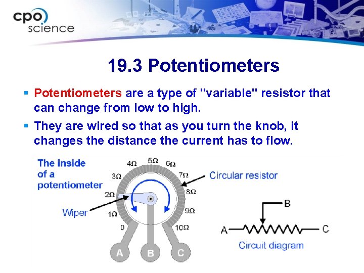 19. 3 Potentiometers § Potentiometers are a type of "variable" resistor that can change