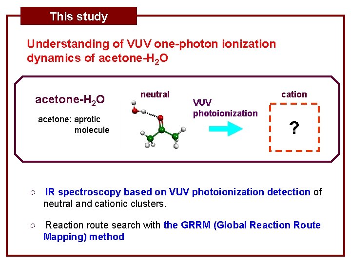 This study Understanding of VUV one-photon ionization dynamics of acetone-H 2 O acetone: aprotic