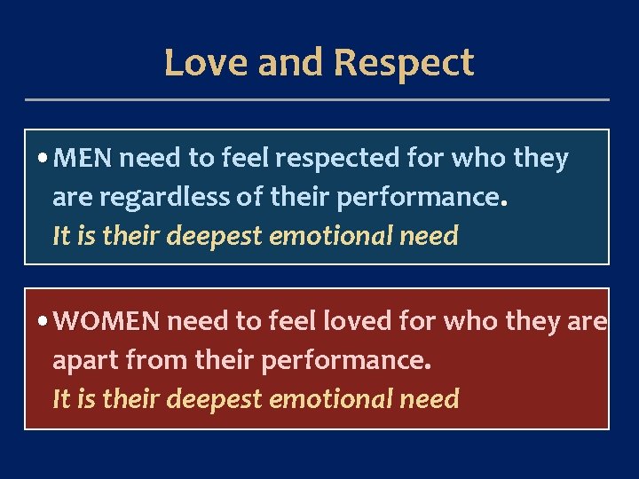 Love and Respect • MEN need to feel respected for who they are regardless