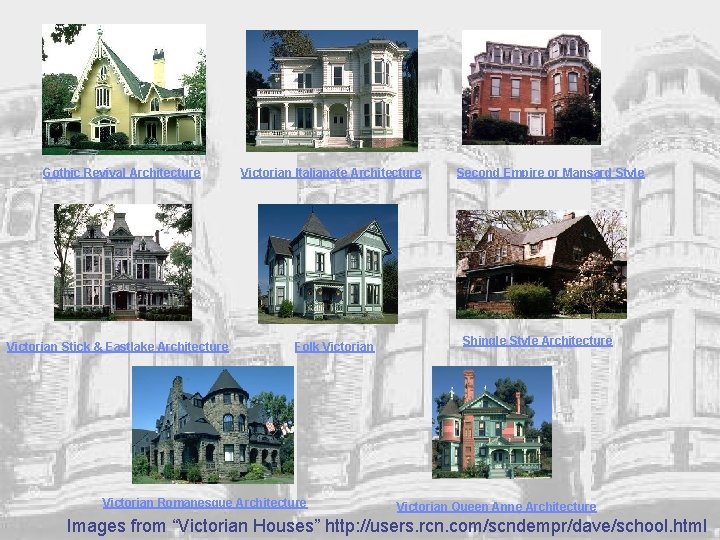 Gothic Revival Architecture Victorian Stick & Eastlake Architecture Victorian Italianate Architecture Folk Victorian Romanesque