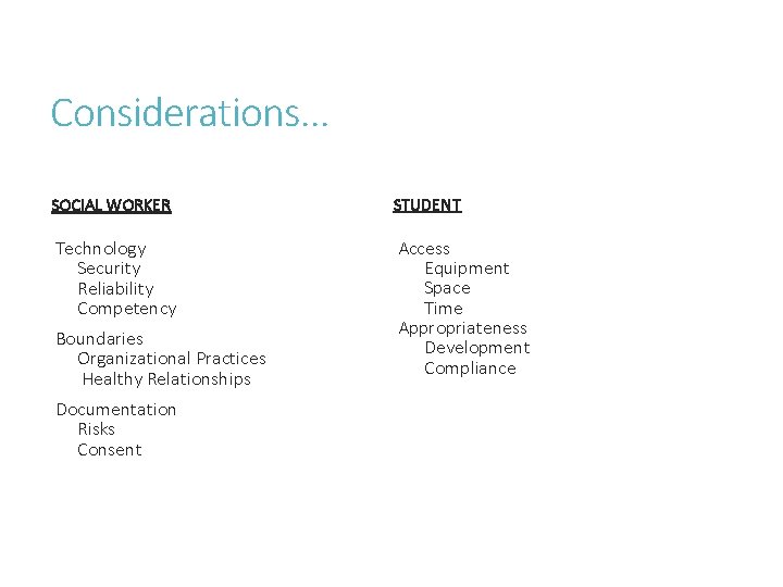 Considerations. . . SOCIAL WORKER STUDENT Technology Security Reliability Competency Access Equipment Space Time