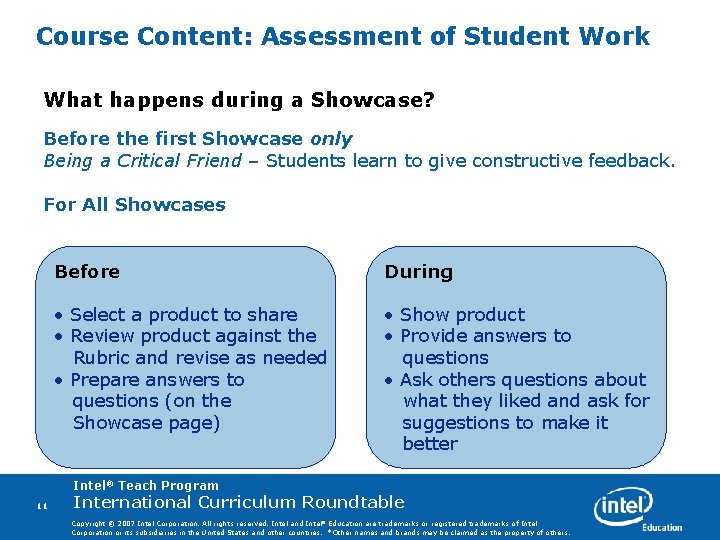 Course Content: Assessment of Student Work What happens during a Showcase? Before the first