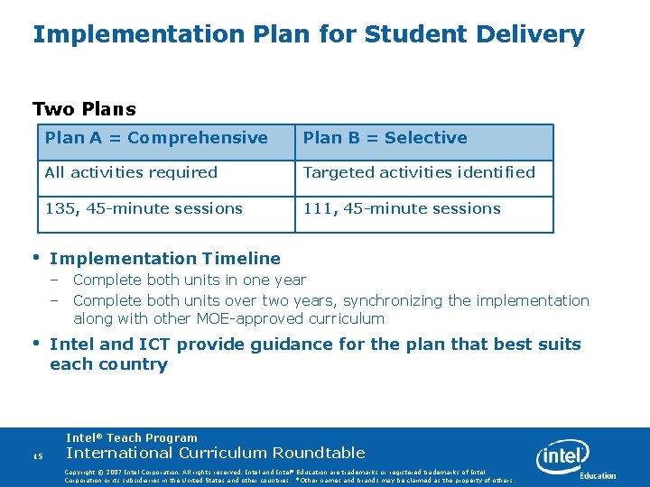 Implementation Plan for Student Delivery Two Plans • Plan A = Comprehensive Plan B