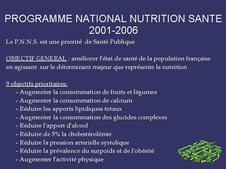 PROGRAMME NATIONAL NUTRITION SANTE 2001 -2006 Le P. N. N. S. est une priorité