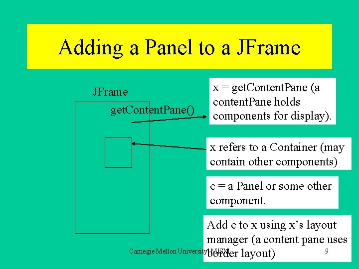 Adding a Panel to a JFrame get. Content. Pane() x = get. Content. Pane