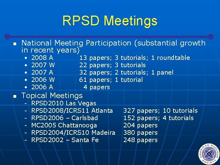 RPSD Meetings n n National Meeting Participation (substantial growth in recent years) • •