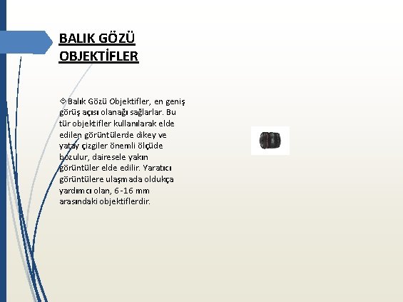 BALIK GÖZÜ OBJEKTİFLER Balık Gözü Objektifler, en geniş görüş açısı olanağı sağlarlar. Bu tür