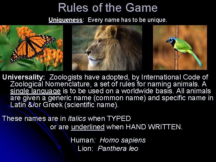 Rules of the Game Uniqueness: Every name has to be unique. Universality: Zoologists have