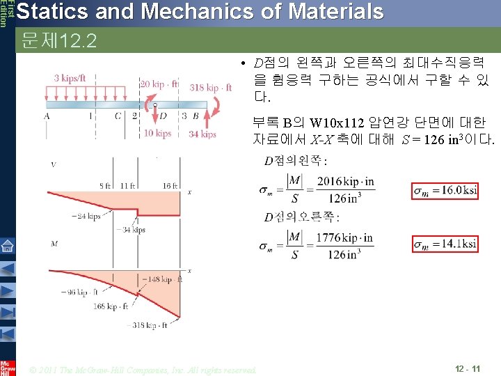 First Edition Statics and Mechanics of Materials 문제 12. 2 • D점의 왼쪽과 오른쪽의