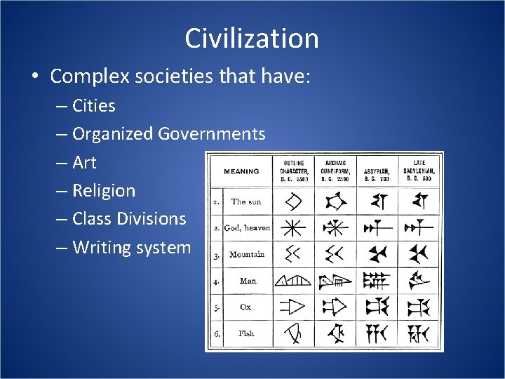 Civilization • Complex societies that have: – Cities – Organized Governments – Art –