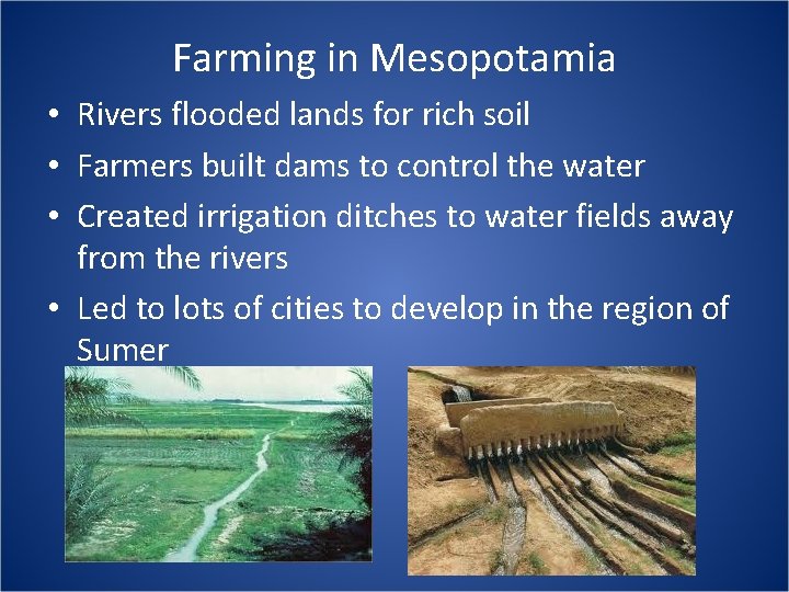 Farming in Mesopotamia • Rivers flooded lands for rich soil • Farmers built dams