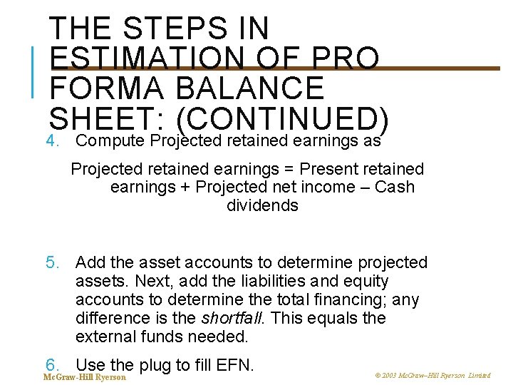 THE STEPS IN ESTIMATION OF PRO FORMA BALANCE SHEET: (CONTINUED) 4. Compute Projected retained