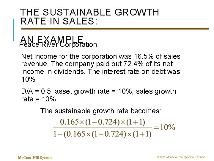 THE SUSTAINABLE GROWTH RATE IN SALES: AN EXAMPLE Peace River Corporation: Net income for