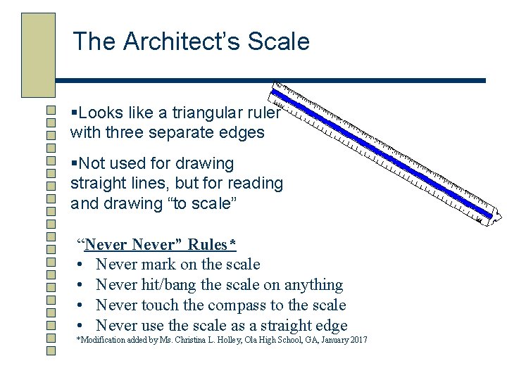 The Architect’s Scale §Looks like a triangular ruler with three separate edges §Not used
