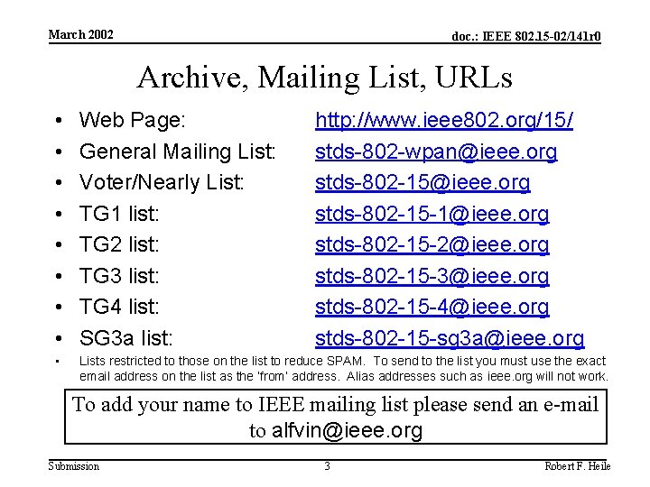 March 2002 doc. : IEEE 802. 15 -02/141 r 0 Archive, Mailing List, URLs