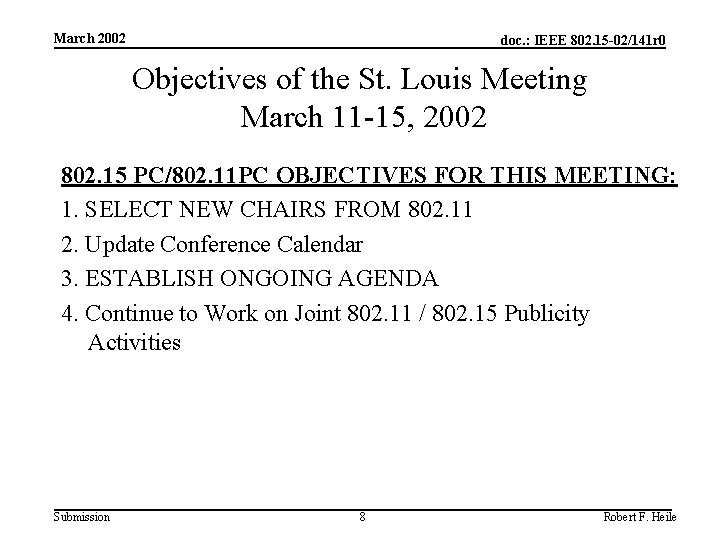 March 2002 doc. : IEEE 802. 15 -02/141 r 0 Objectives of the St.