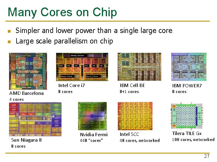 Many Cores on Chip n n Simpler and lower power than a single large