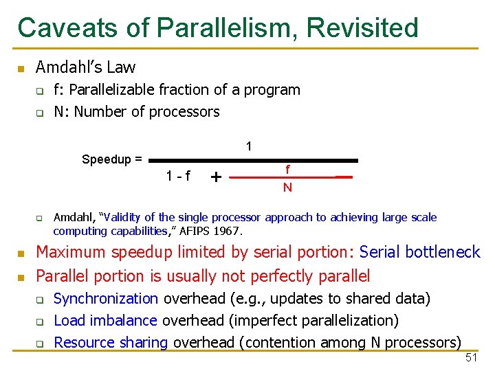 Caveats of Parallelism, Revisited n Amdahl’s Law q q f: Parallelizable fraction of a