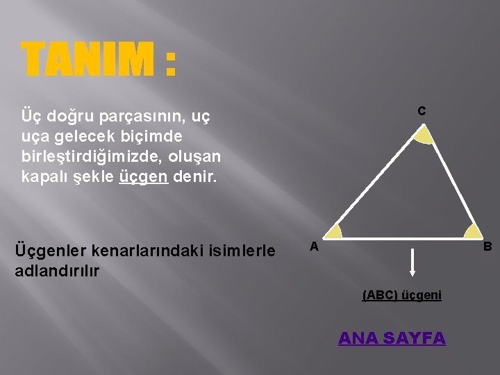 C Üç doğru parçasının, uç uça gelecek biçimde birleştirdiğimizde, oluşan kapalı şekle üçgen denir.