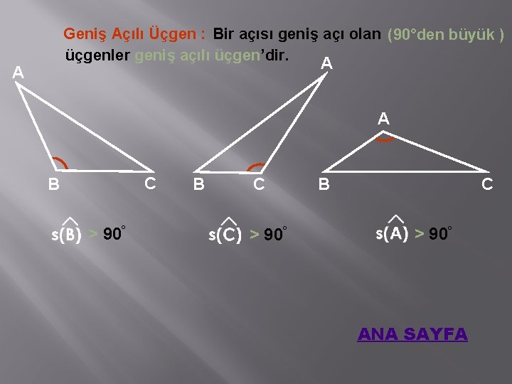 Geniş Açılı Üçgen : Bir açısı geniş açı olan (90°den büyük ) üçgenler geniş