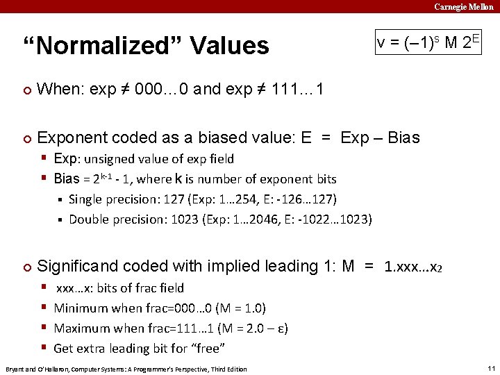 Carnegie Mellon “Normalized” Values v = (– 1)s M 2 E ¢ When: exp